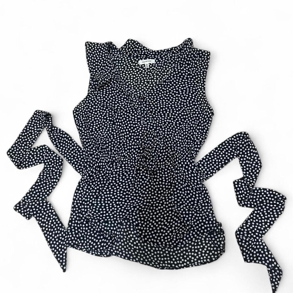 Navy blue polka dot tie front blouse with ruffle details